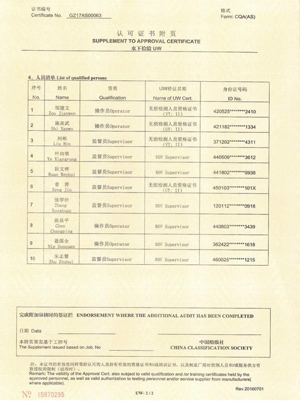 CCS水下检验资质认证证书